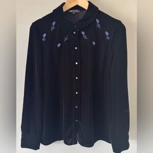 Maje Castina Black Velvet Embroidered Button-Up Shirt Size Large Floral Rose Top